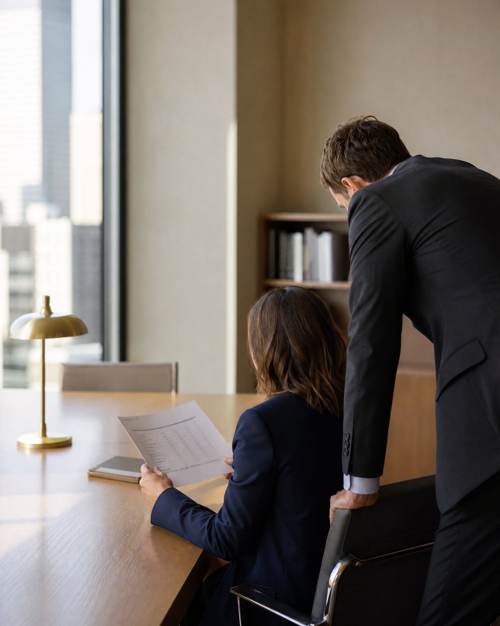 Advisors reviewing a financial statement at a conference table