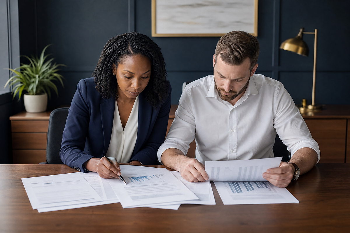 Two accountants reviewing reconciliation reports at a desk