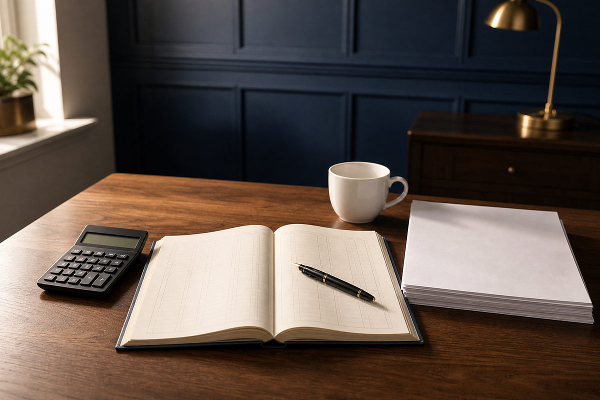 A ledger, a calculator and printed statements on a desk