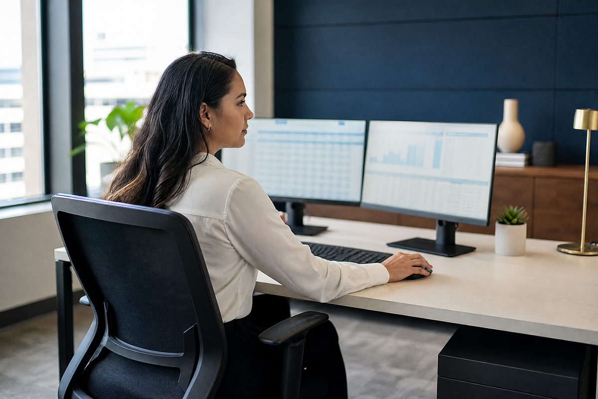 A payroll specialist working across two monitors