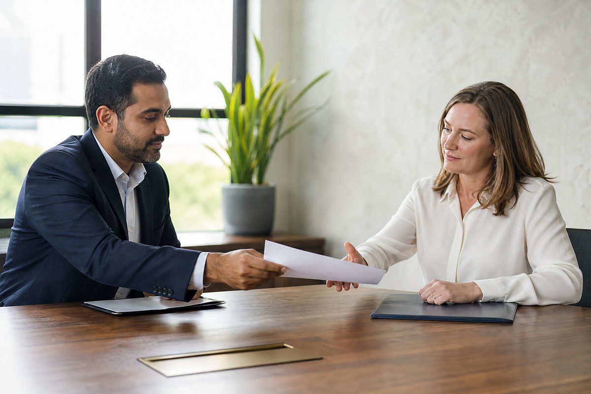 One colleague handing a printed statement to another