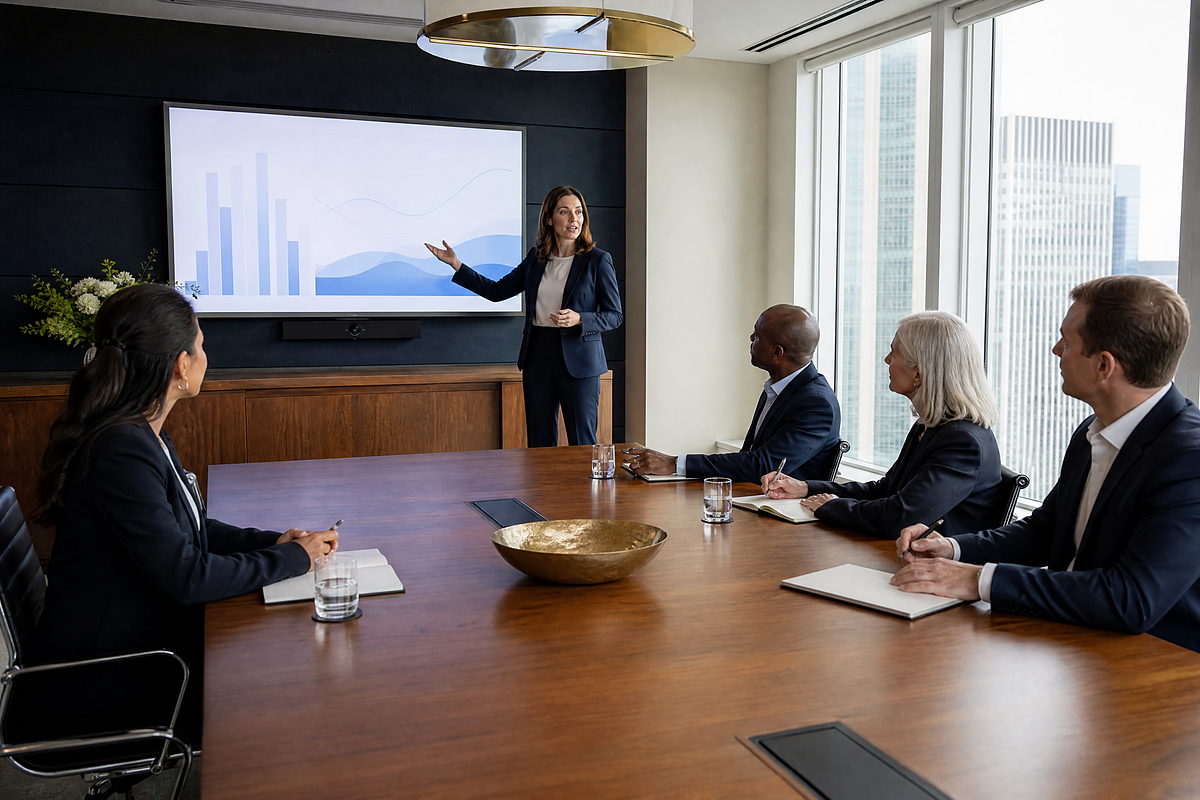A presentation to a seated group in a boardroom