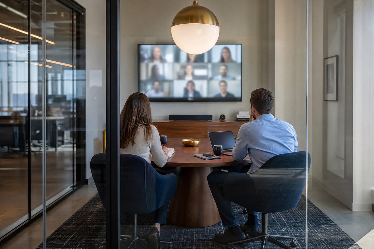 A video call under way in a glass meeting room