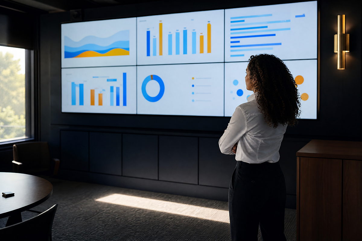An analyst reading dashboards on a wall of screens
