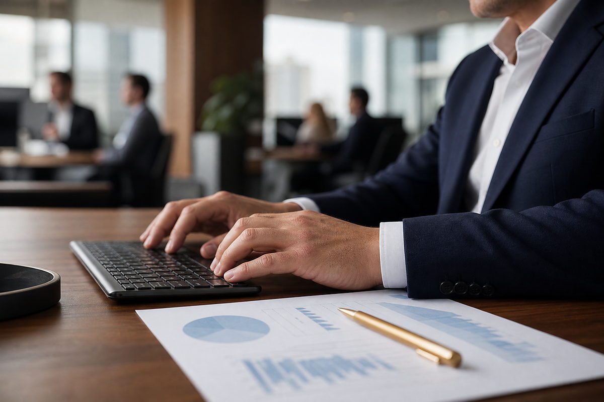 Hands typing on a keyboard beside a printed chart