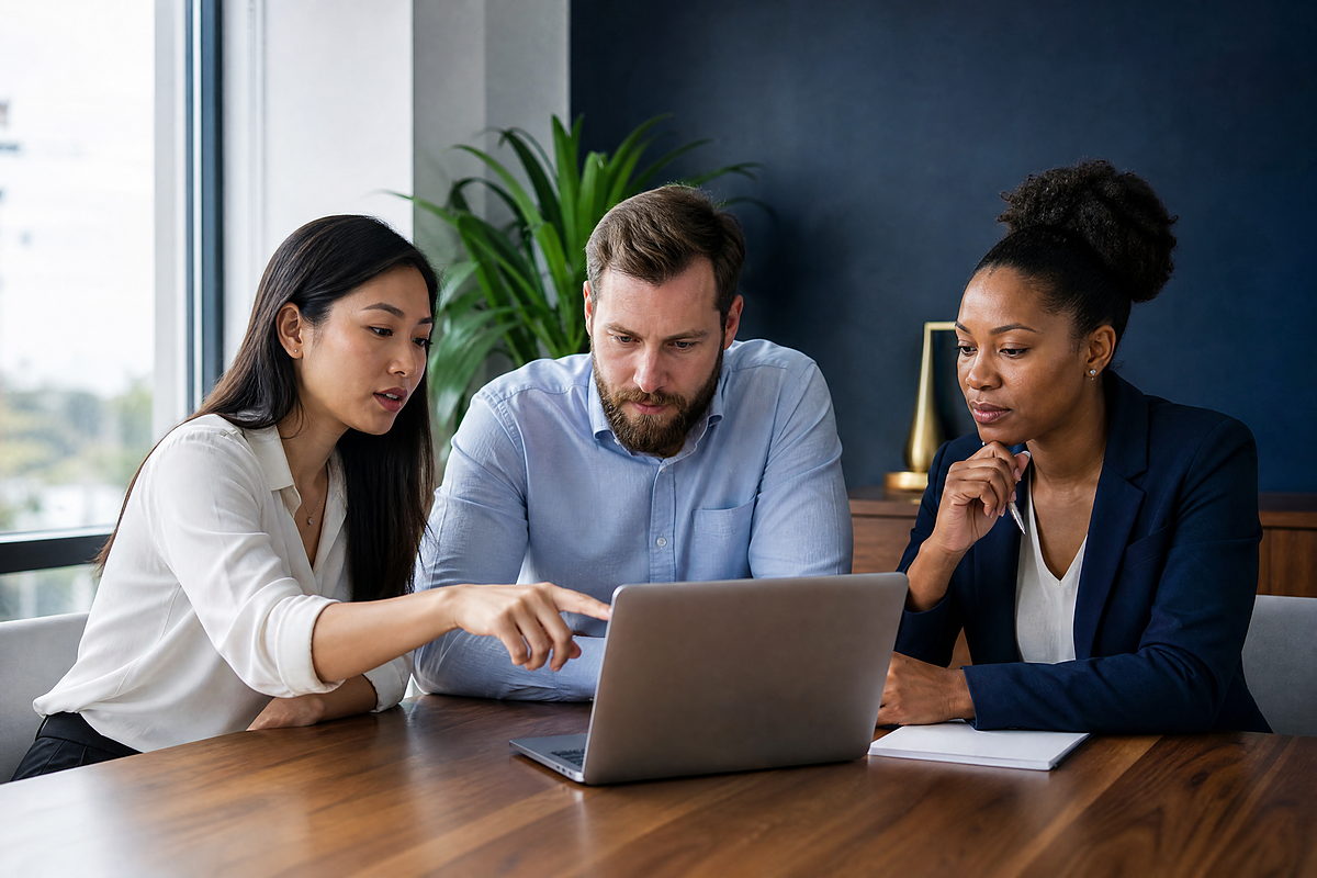 Three analysts working around a laptop