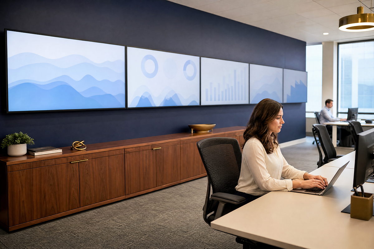 An office with data screens along one wall