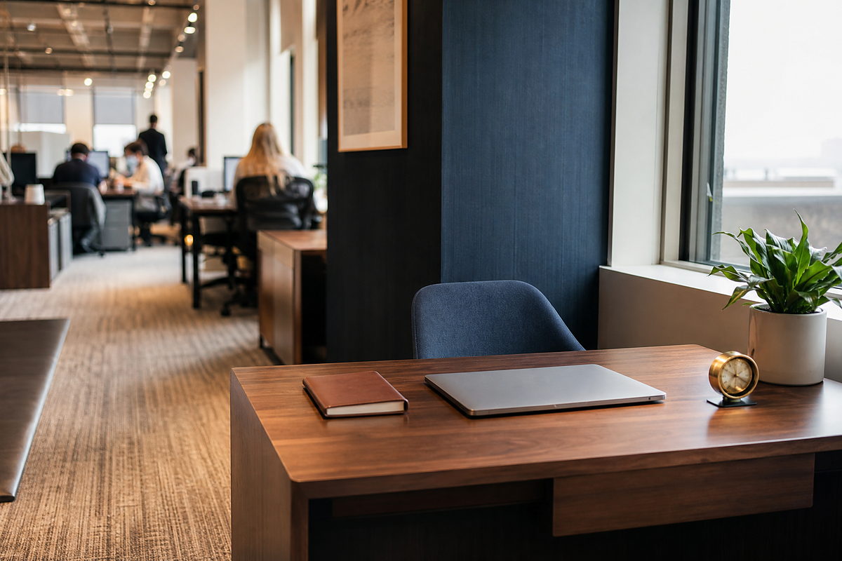 A corner of an open-plan office workspace