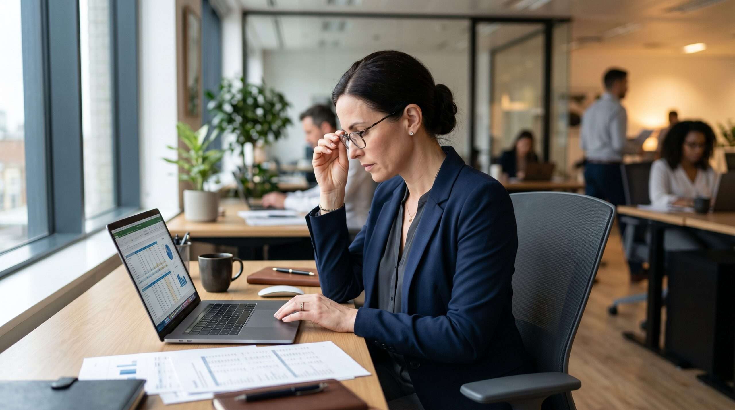accountant reviewing financial reports on laptop