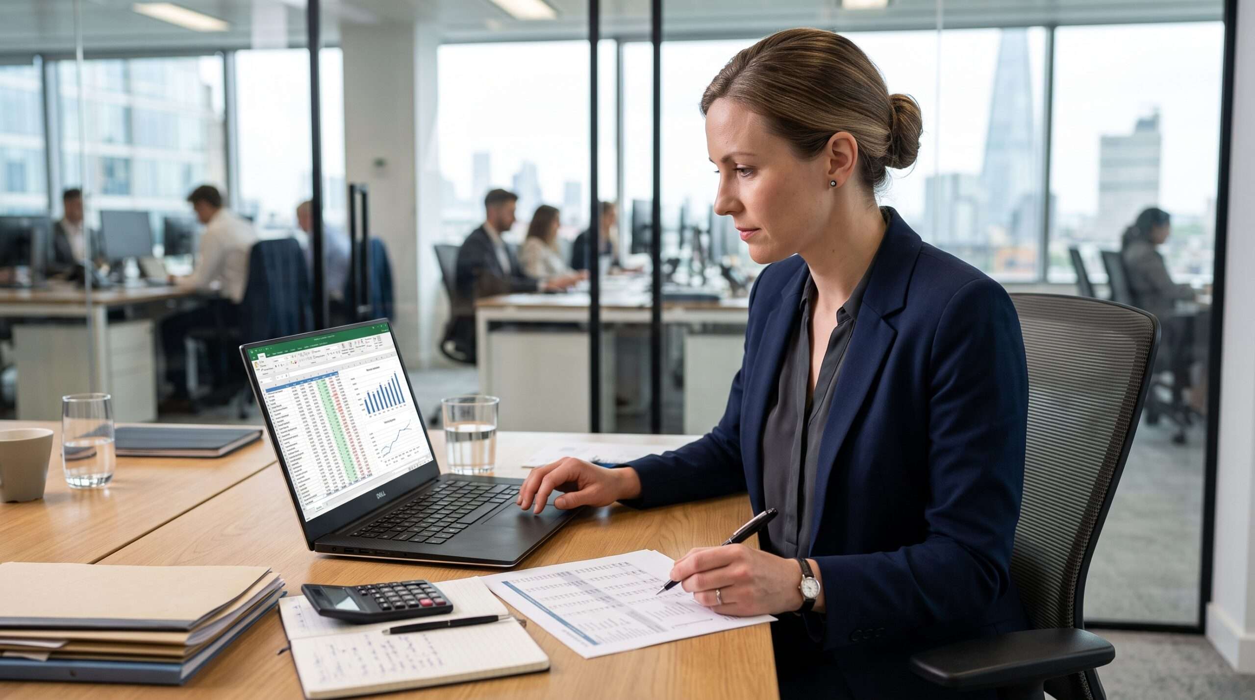 accountant reviewing financial reports on laptop