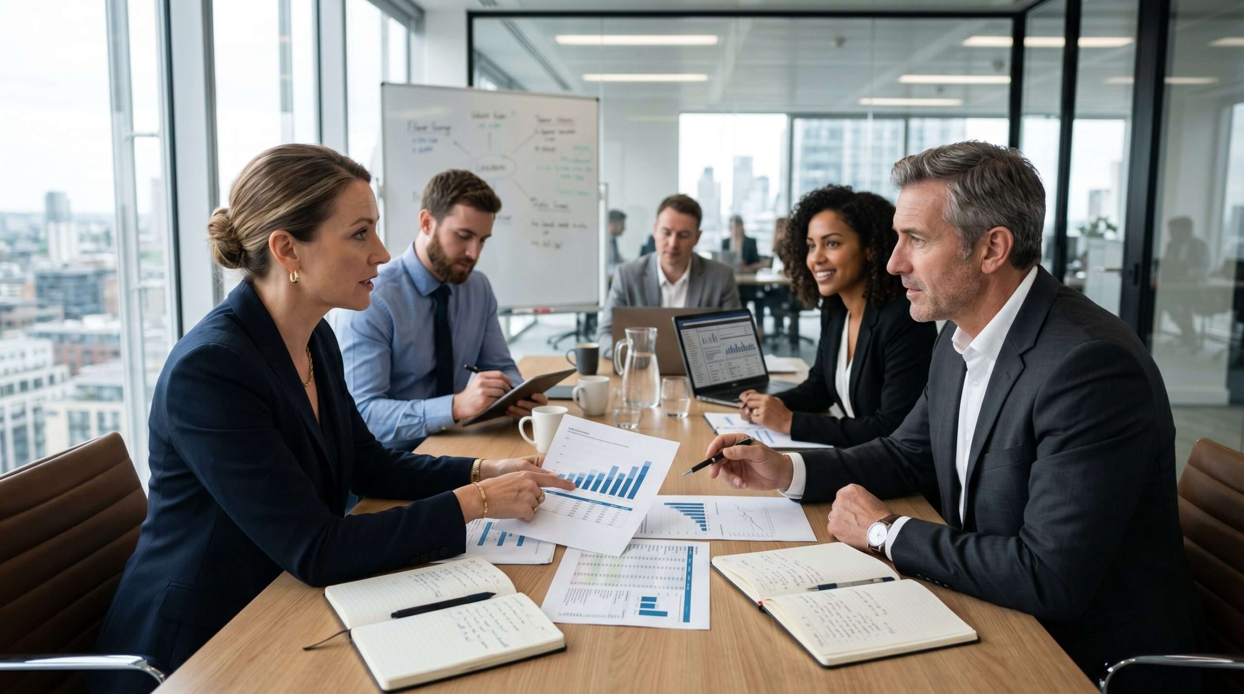 business professionals collaborating on financial strategy