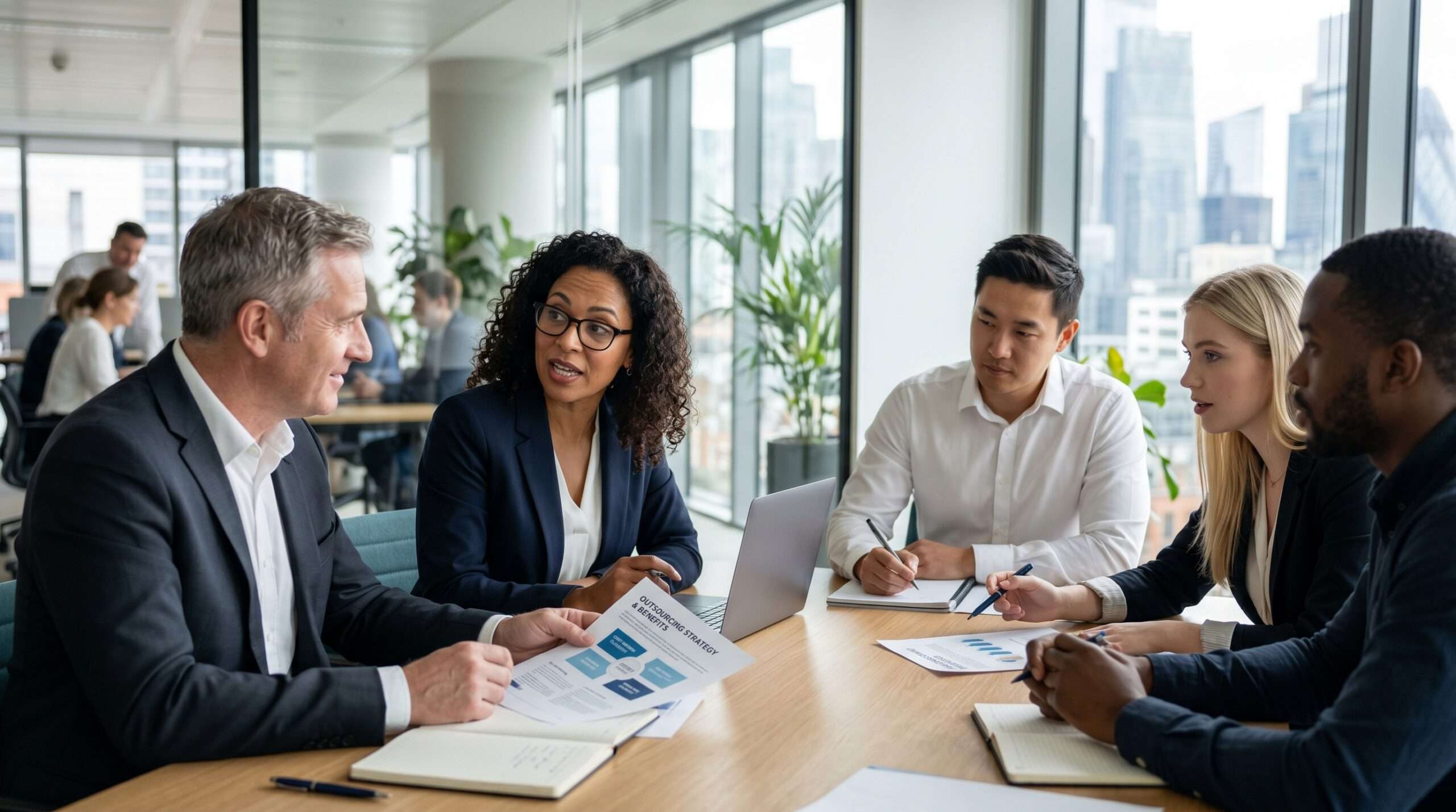 business team discussing outsourcing benefits
