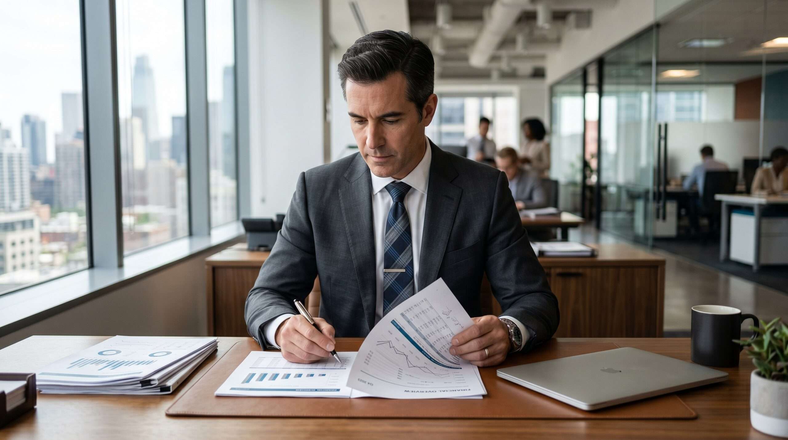 businessman reviewing financial reports