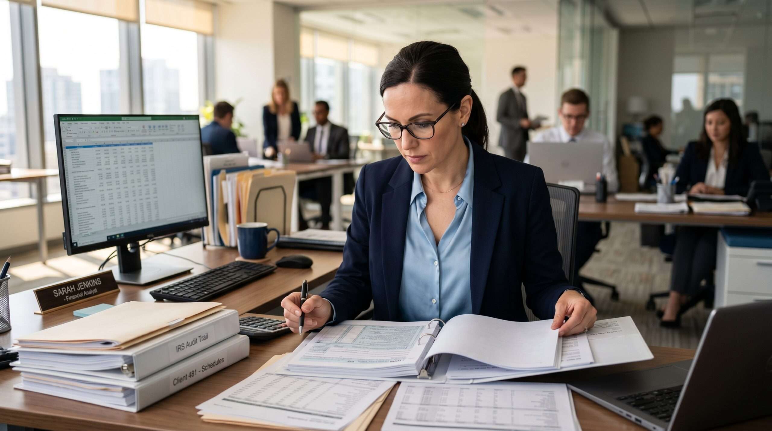 financial analyst reviewing tax compliance documents