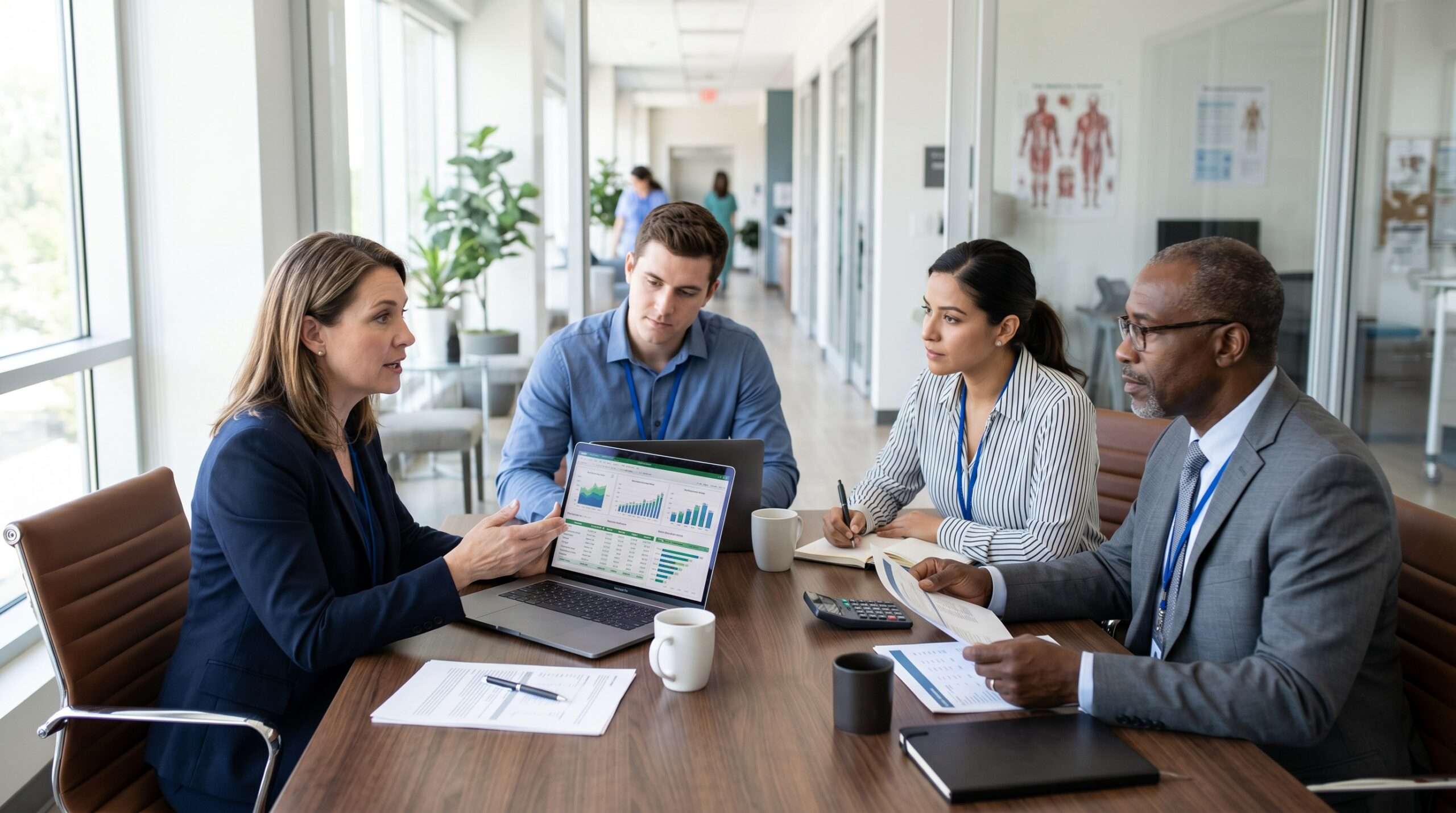 medical office staff discussing financial performance