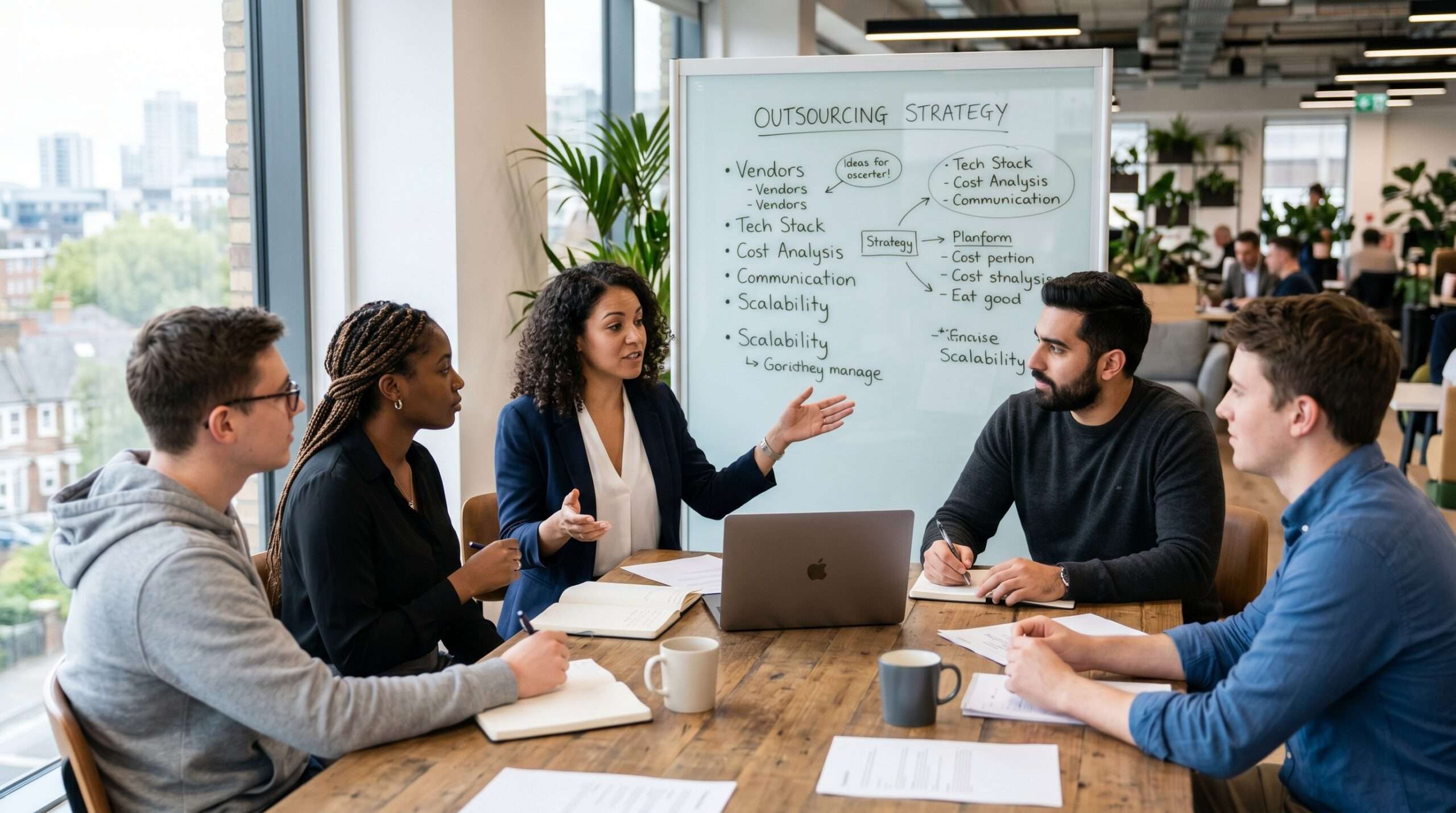 startup team discussing outsourcing strategy