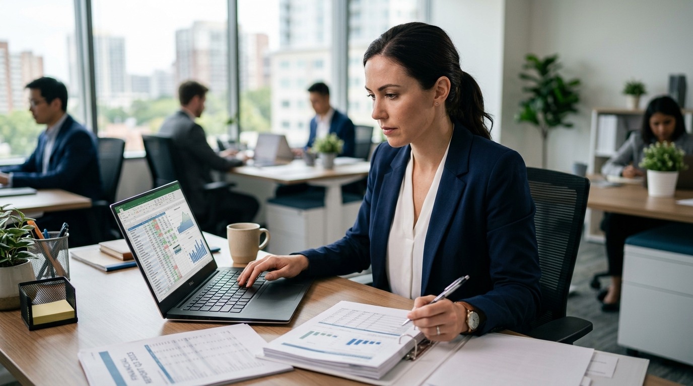 accountant reviewing financial reports on laptop