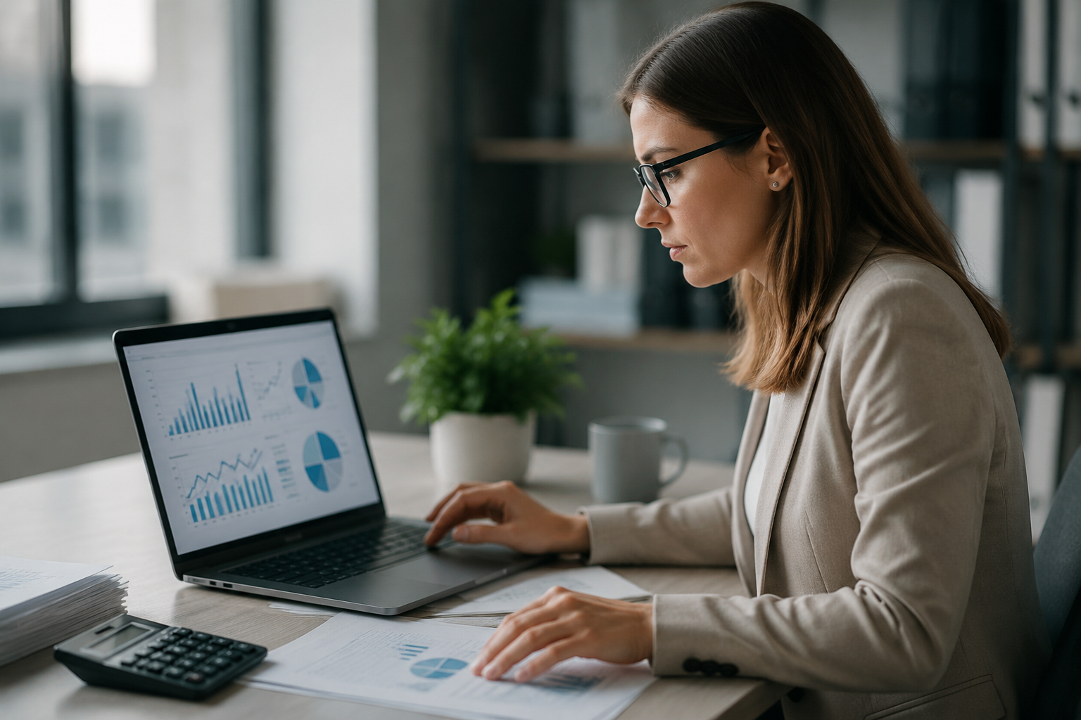 accountant reviewing financial reports on laptop
