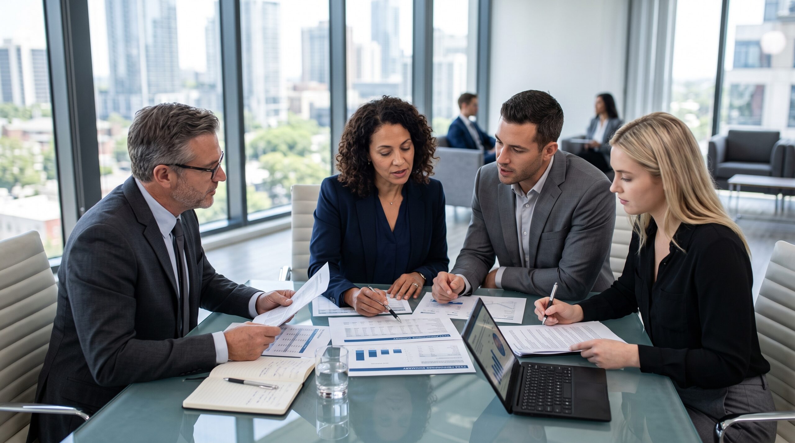 business team reviewing financial reports