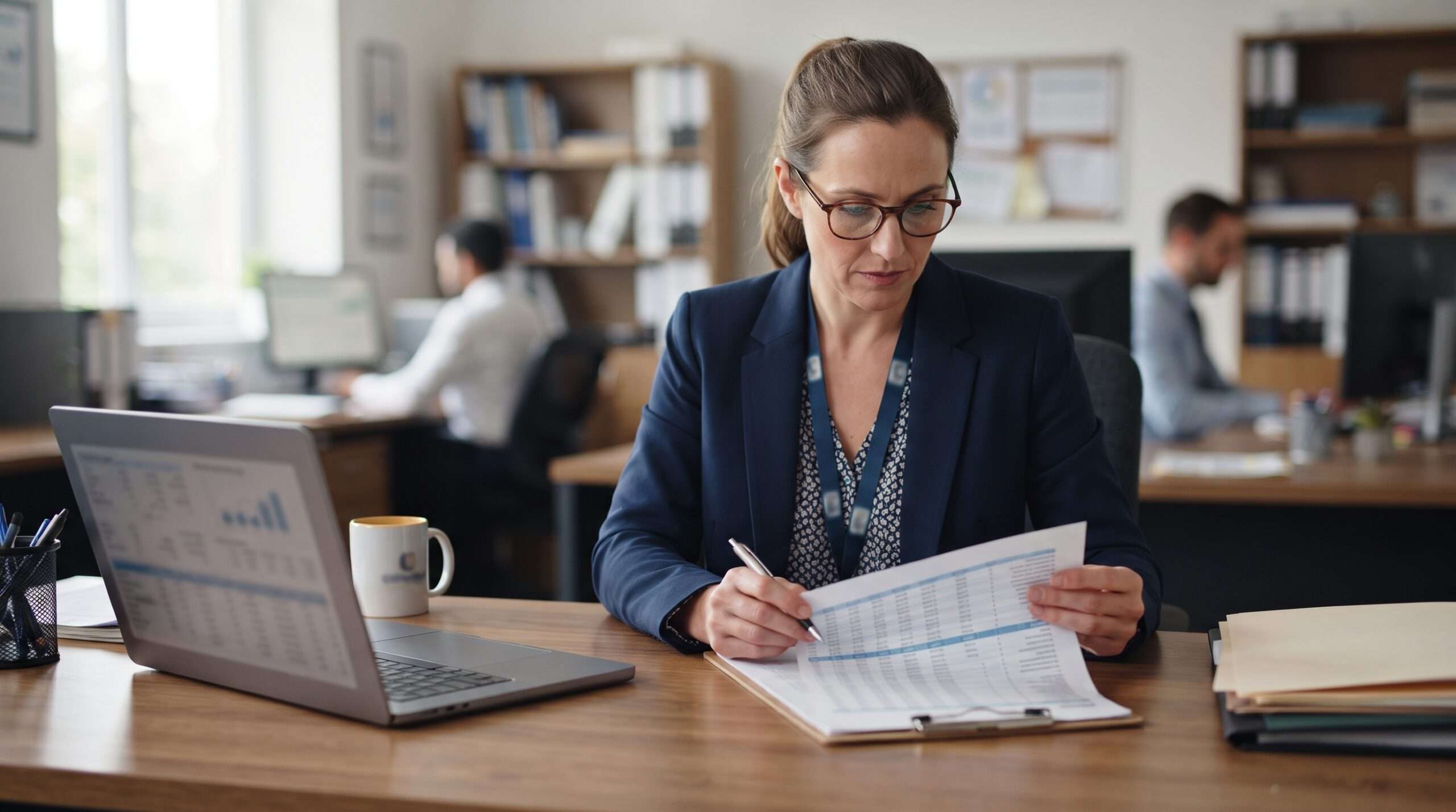 college accountant reviewing financial reports