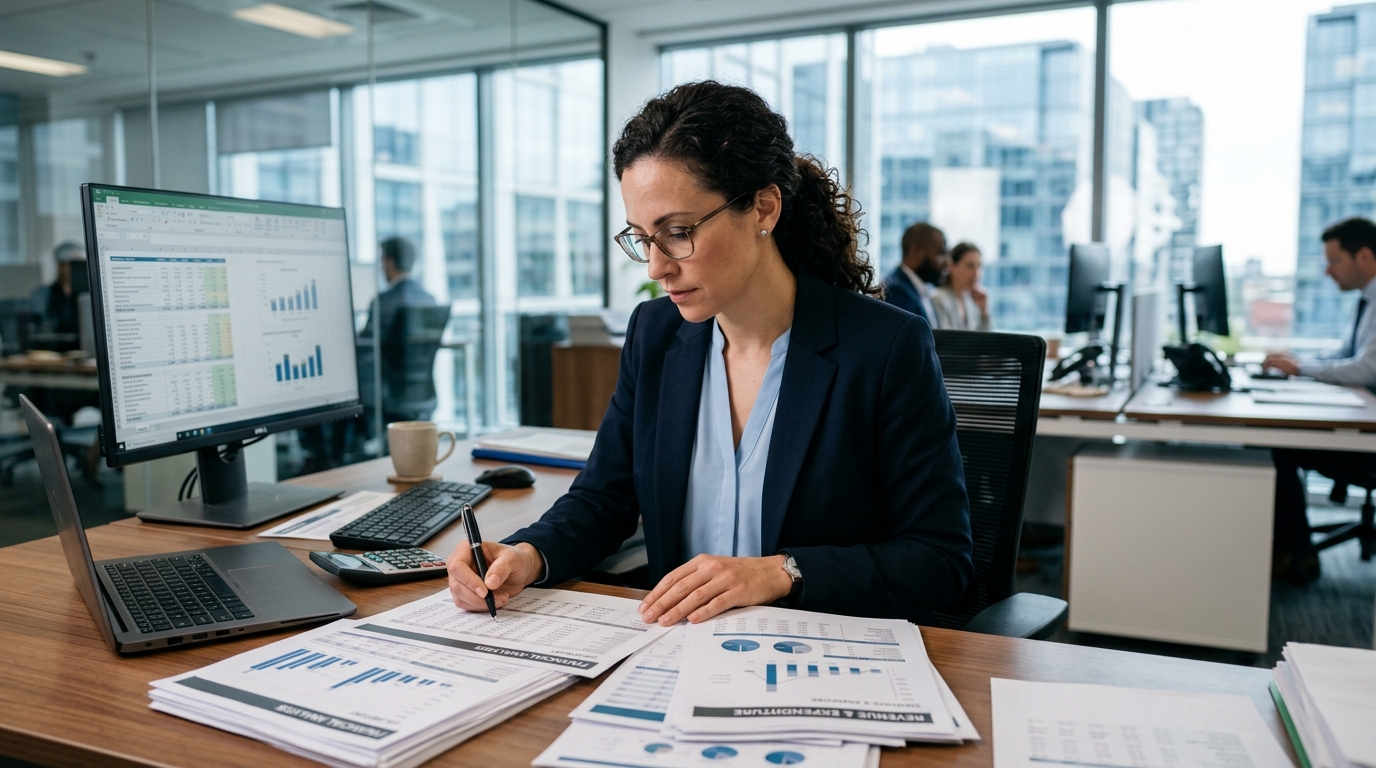 energy company accountant analyzing financial reports