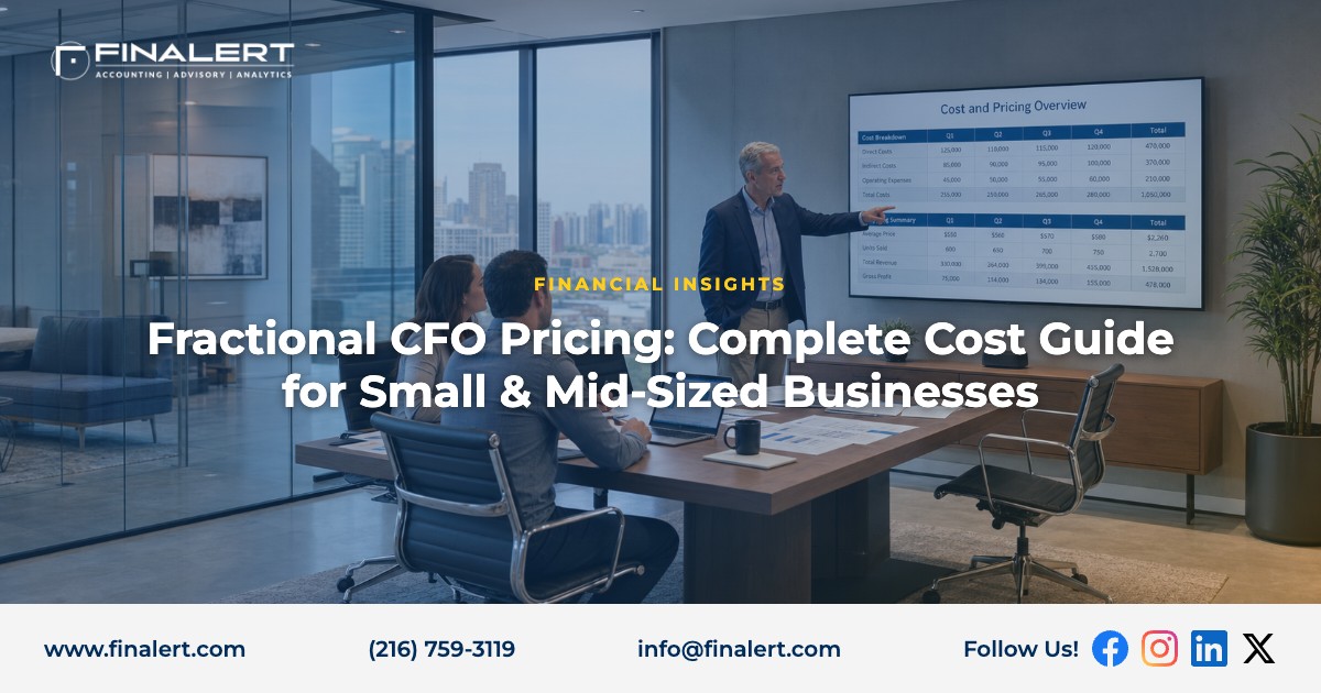 Financial advisor presenting a cost and pricing overview to small business owners in a modern boardroom