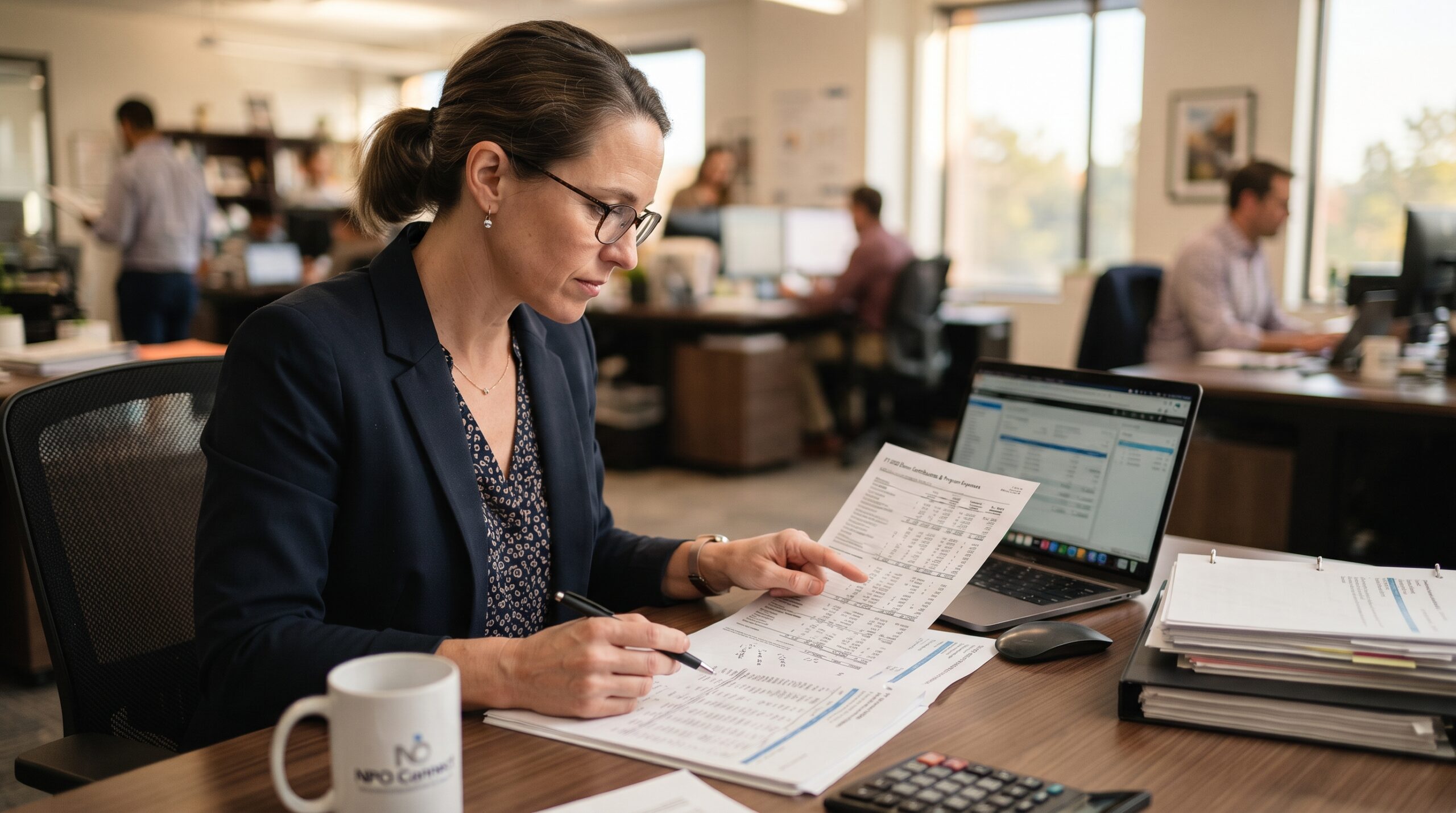 nonprofit accountant reviewing financial reports