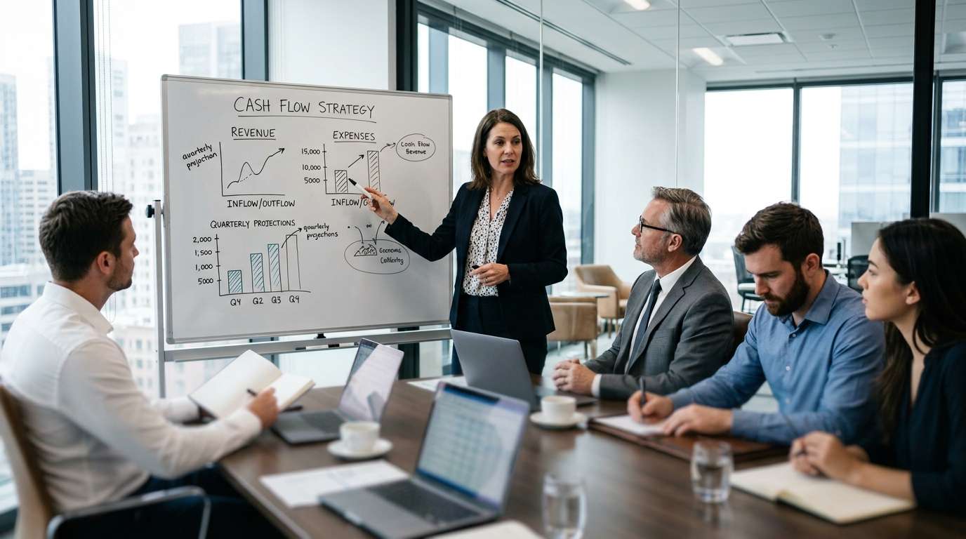 team meeting discussing cash flow strategies