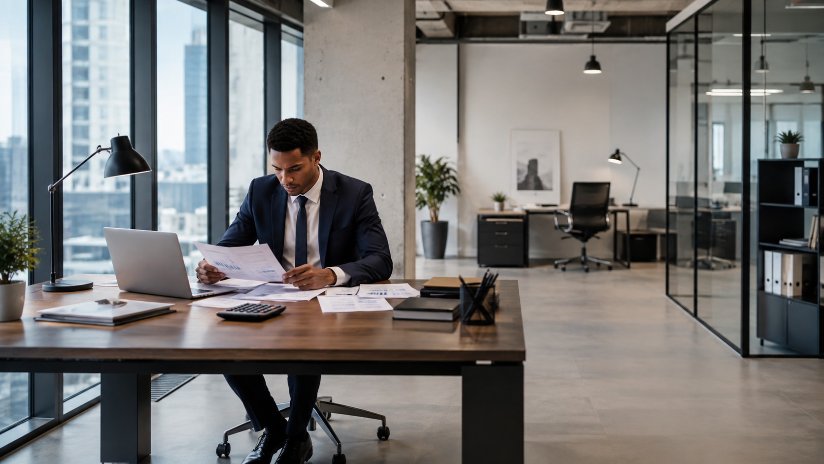 accountant analyzing financial reports