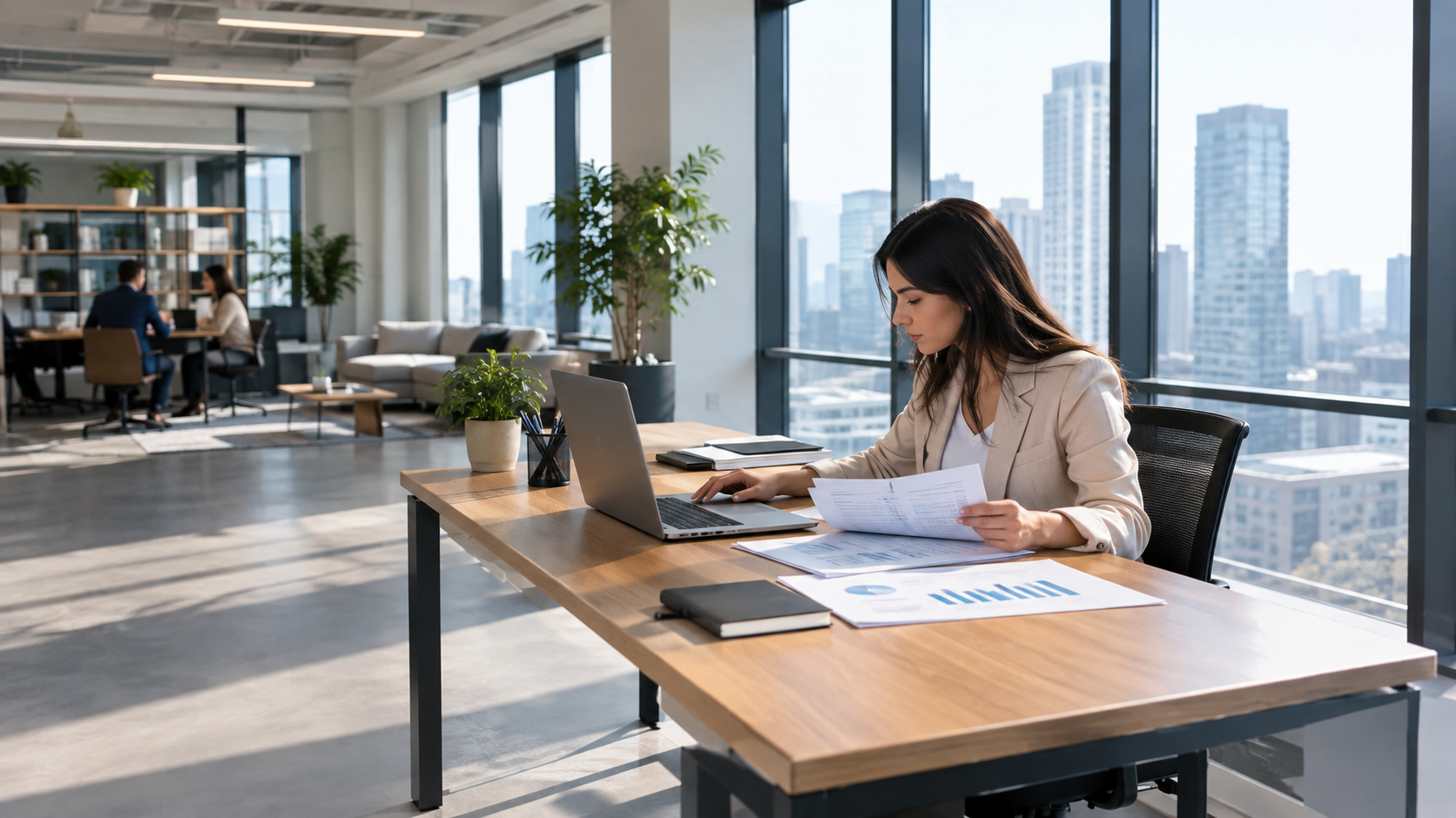 accountant reviewing financial reports on laptop
