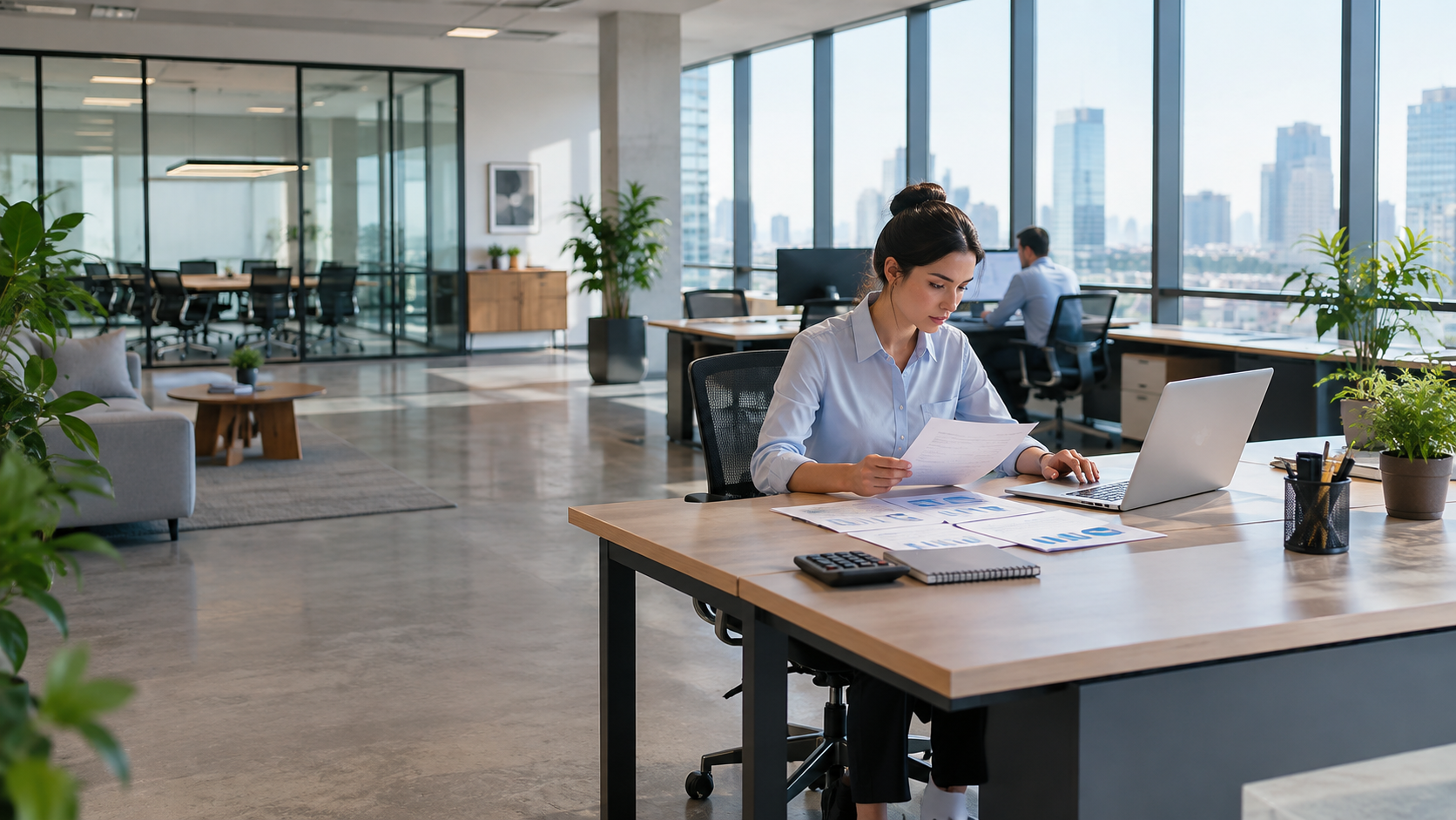 accountant reviewing financial reports on laptop