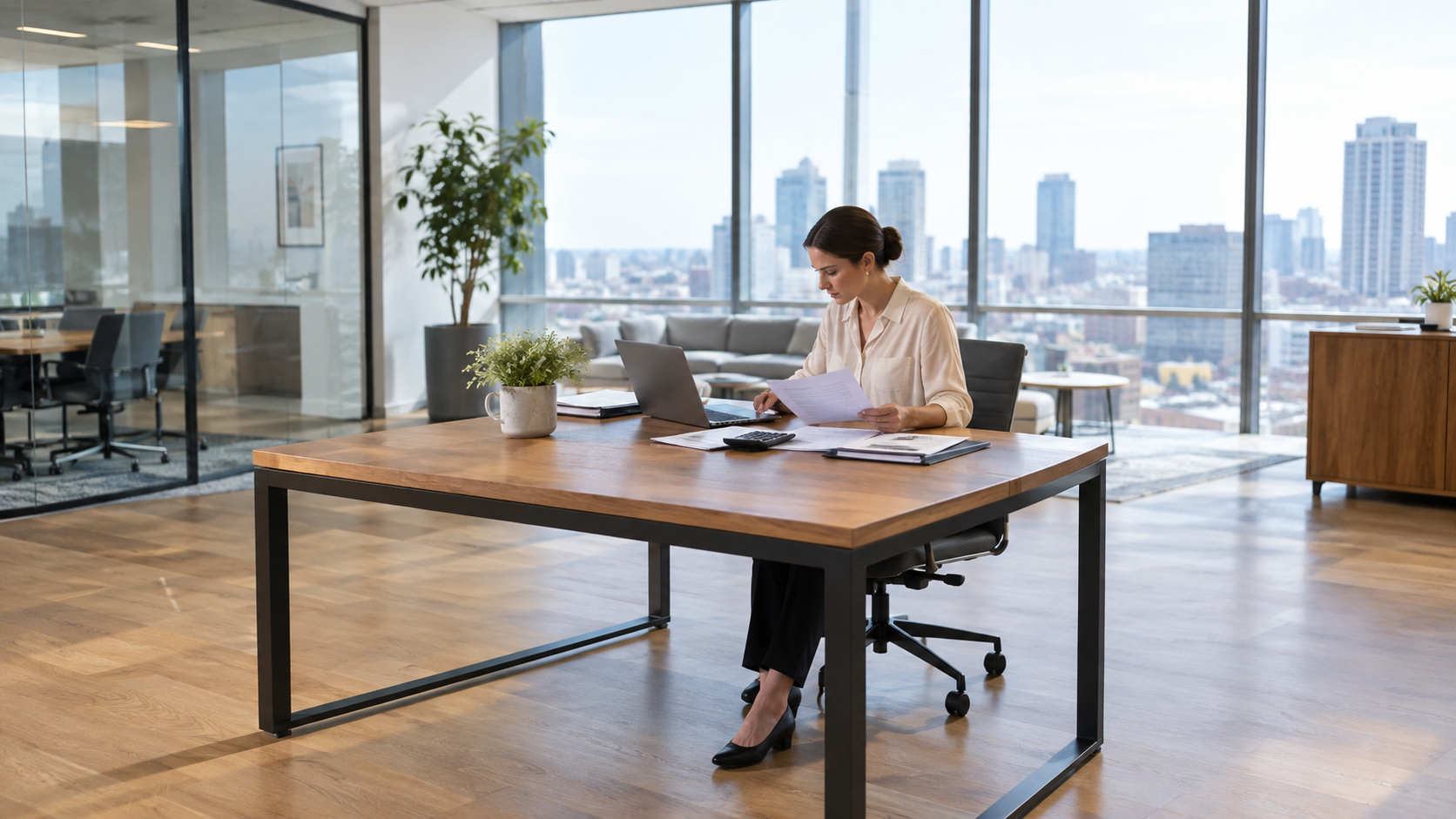 accountant reviewing financial reports on laptop