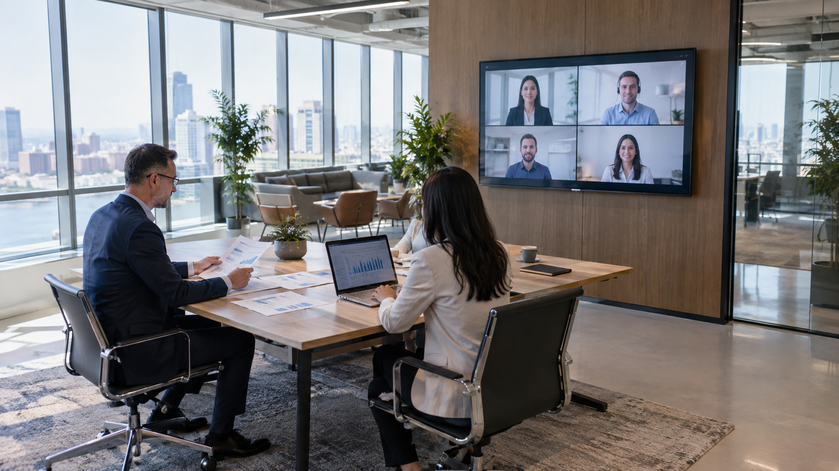 accountant reviewing financial reports with offshore team